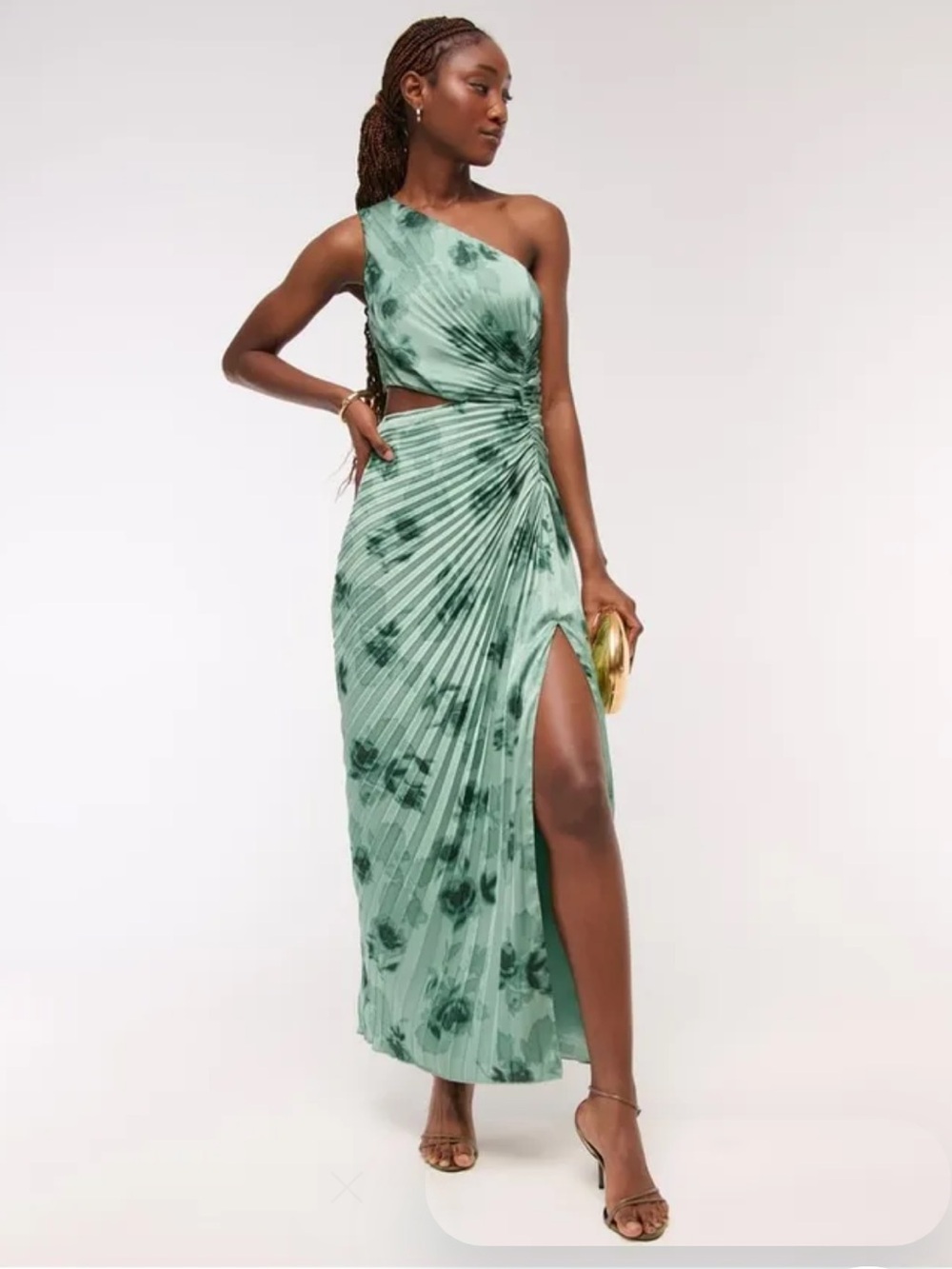 Abercrombie & Fitch One-Shoulder Mint Floral Pleated Maxi Dress